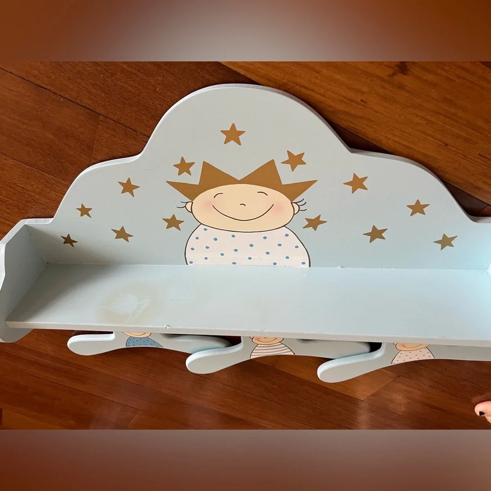 Adorable wooden shelf w/ hangers for baby room